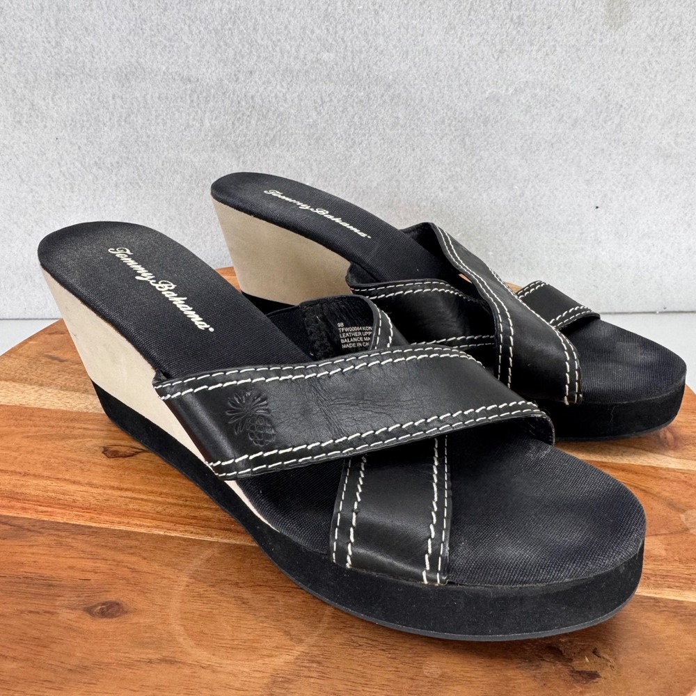 Tommy Bahama Leather Wedge Sandals Platform Criss Cross Black‎ Size 9B Summer